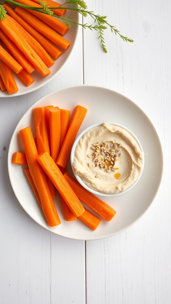 Fresh carrot sticks served with hummus on a rustic table.